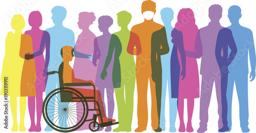 Inclusive diverse silhouettes, colorful supportive community figures, accessibility equality unity concept, vibrant multicolor illustration 