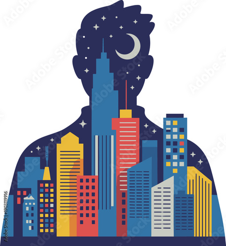 Human silhouette filled with night city skyline and moon symbolizing imagination, creativity, urban dreams, identity flat vector illustration
