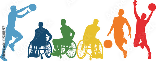 Inclusive basketball player silhouettes set, standing and wheelchair athletes passing dribbling shooting actions, adaptive sports diversity concept, flat vector illustration