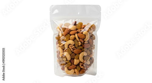 Billede på lærred Trail mix in clear plastic bag isolated PNG, healthy snack with nuts and raisins