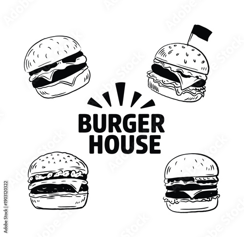 Hand-Drawn Burger House Logo with Four Burgers and Text