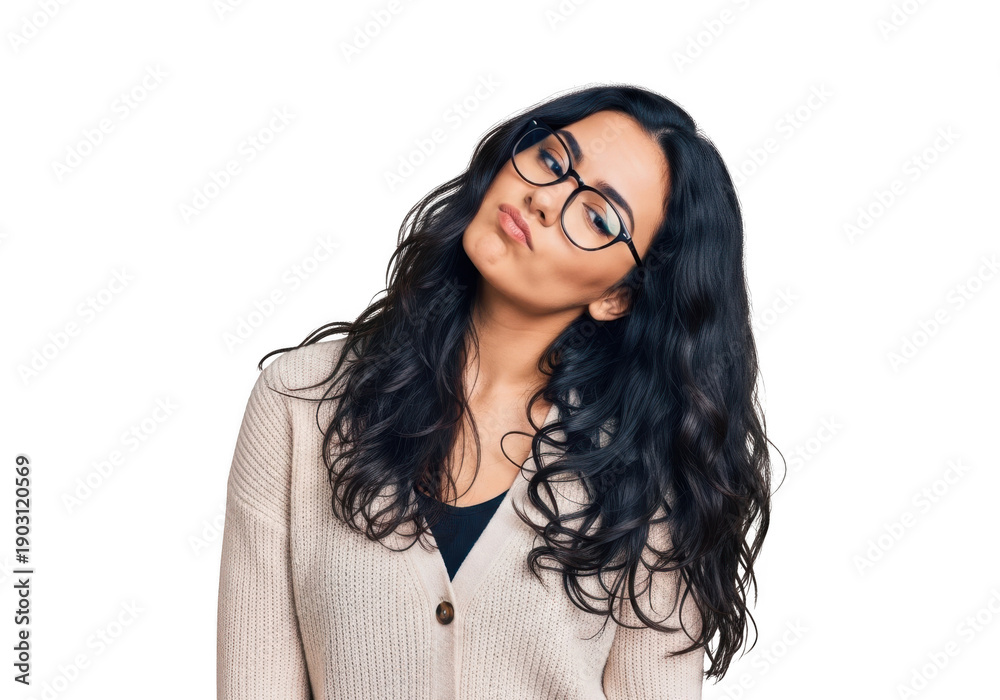 Obraz premium A young woman with curly hair and glasses smiling and looking at the camera isolated on transparent background