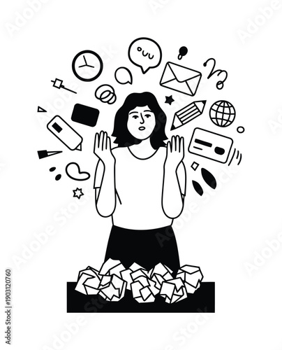 Overwhelmed Woman Surrounded by Work and Life Piles of Crumpled Paper Vector illustration