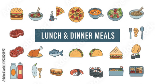 Collection of delicious lunch and dinner meal illustrations.