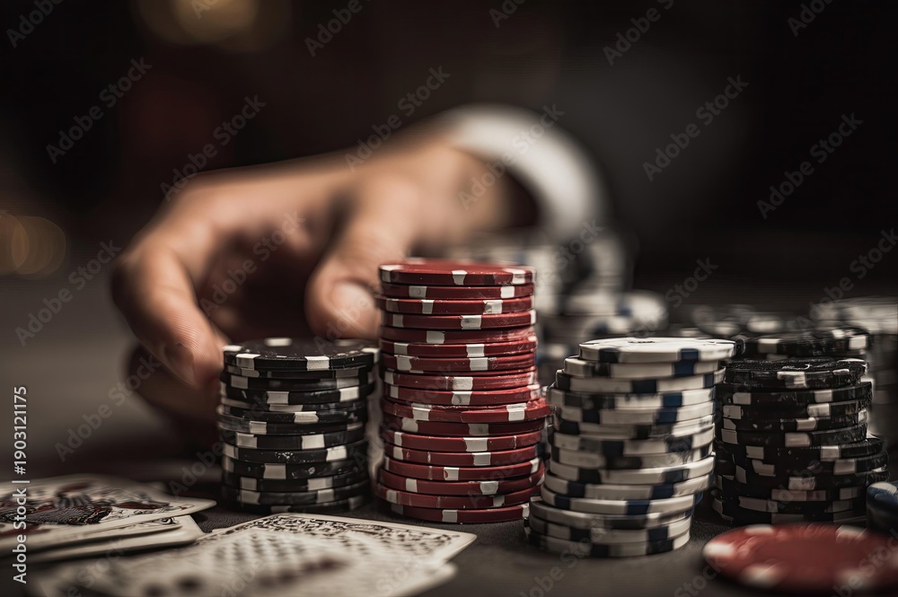 Naklejka premium Hand reaching for poker chips at a gambling table with playing cards visible