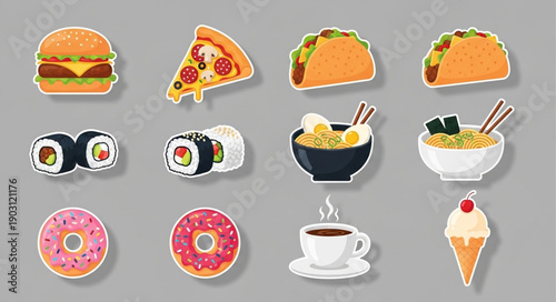 Collection of delicious fast food and sweet treats illustrations.