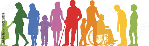 Inclusive diverse silhouettes, rainbow gradient people figures, lifecycle stages, accessibility unity concept, vibrant multicolor illustration design, community diversity representation art