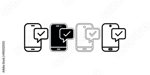 Mobile notification icon set with check mark bubble on smartphone screen representing successful message delivery and confirmation in various graphic styles