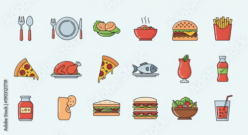Collection of Delicious Food and Drink Icons.