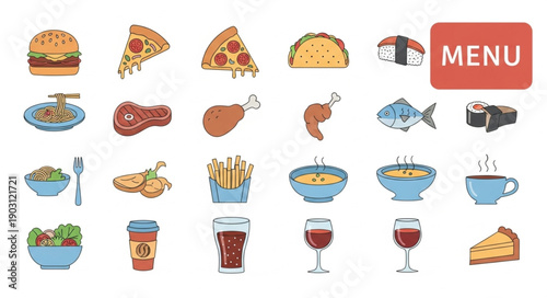 Collection of delicious food and drink icons for a menu.