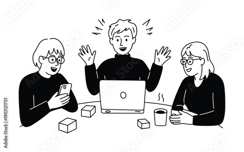 Three people gathered around a table with a laptop, phone, and coffee, looking engaged and happy