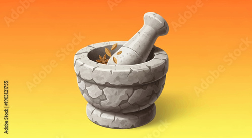 Traditional stone mortar and pestle with aromatic spices on a vibrant gradient background for
