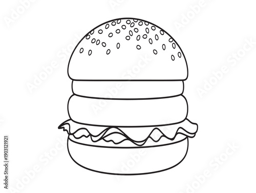 A simple line drawing of a hamburger with sesame seed bun and lettuce
