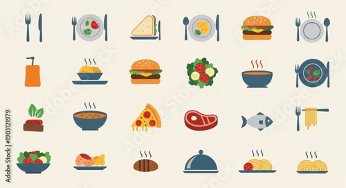 Collection of delicious food and drink icons for culinary themes.