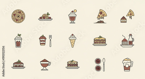 Collection of delicious food and drink icons in flat design style.