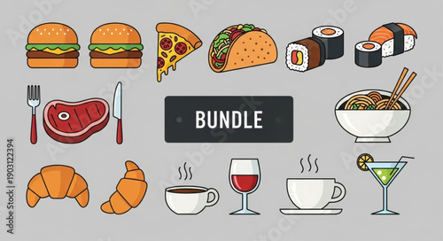 Collection of delicious food and drinks illustrations.