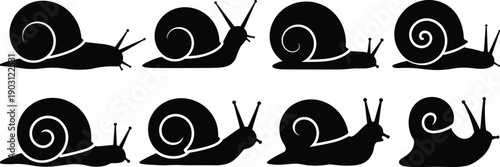 Snail silhouette icon set featuring cute crawling snails in black vector style for nature, ecology, education, and decorative design projects
