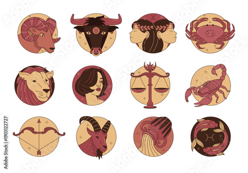Set of 12 Zodiac Signs and Astrological Symbols for Horoscope and Celestial Design