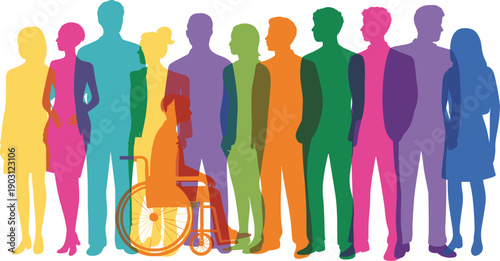 Inclusive diverse silhouettes, colorful gradient community figures, accessibility equality unity concept, vibrant multicolor illustration design, diversity representation art, inclusive society