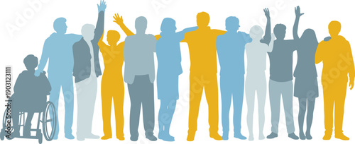 Diverse people silhouettes standing united with disability inclusion, community teamwork equality concept, social diversity, modern flat vector illustration background