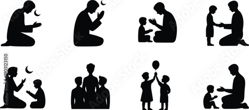 Muslim family prayer silhouette set, Islamic worship parenting moments, spiritual religious lifestyle scenes isolated, flat vector illustration design collection art