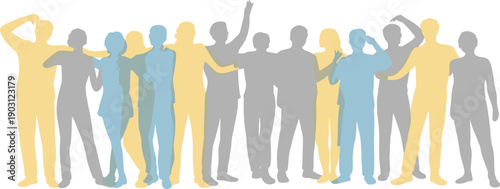 Abstract diverse people silhouettes celebrating togetherness and unity, social inclusion teamwork community concept, colorful modern flat vector illustration background