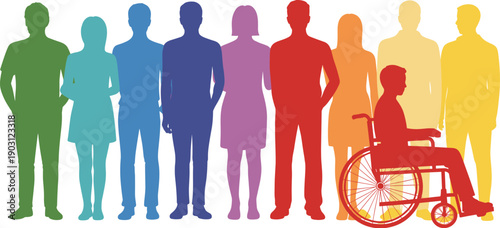 Inclusive diverse silhouettes, gradient community figures, accessibility equality unity concept, vibrant multicolor illustration design, diversity representation art, inclusive society support theme