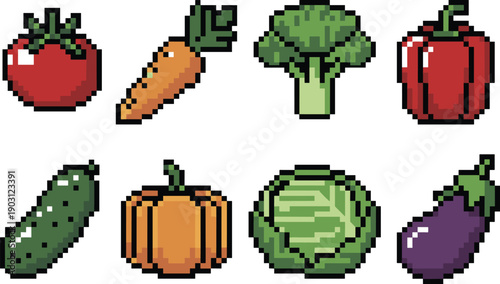 Pixel art vegetable icons set, tomato carrot broccoli pepper cucumber pumpkin cabbage eggplant, organic healthy food concept, retro game style