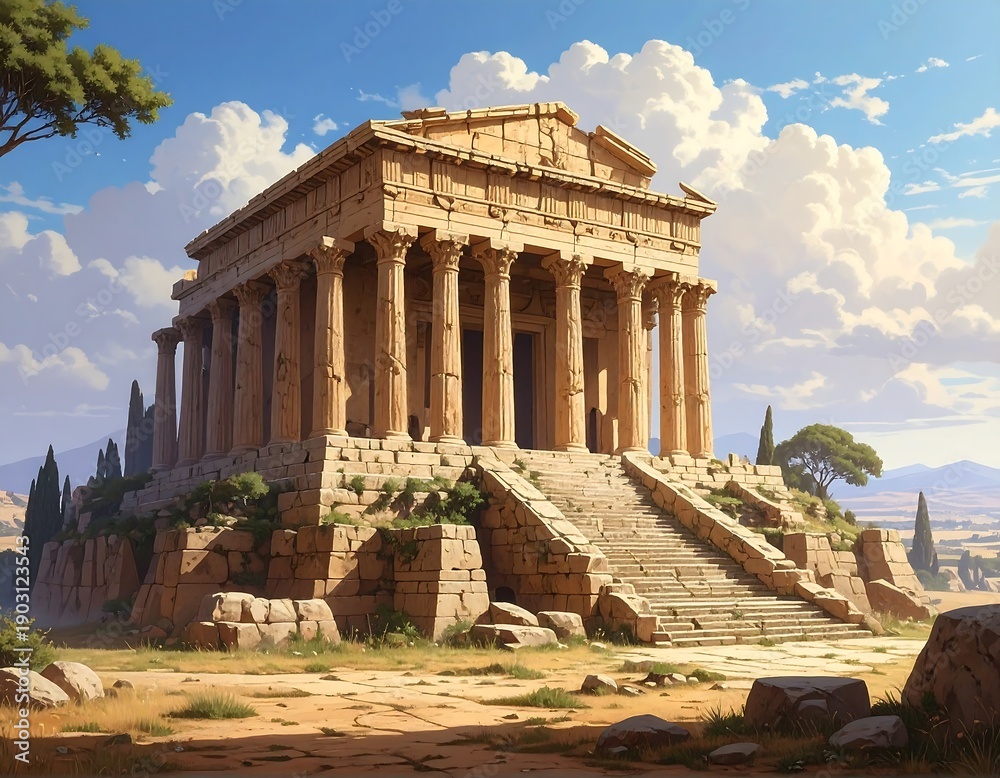 Fototapeta premium Majestic Ancient Temple Ruins under a Bright Sky, An Artistic Impression