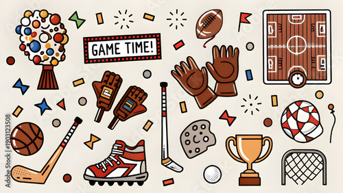 A colorful illustration of various sports equipment and symbols arranged in a playful and vibrant composition.