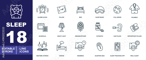 Essential Sleep and Bedtime Routine Line Icons. Editable stroke vector symbols for insomnia, sleep tracking, and relaxation aids with text labels.