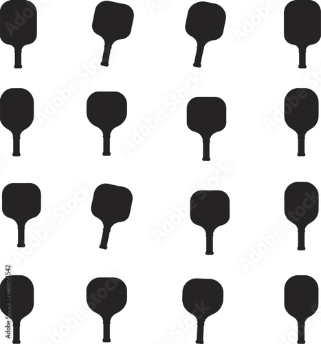Pickleball paddle silhouette set, black racket shapes collection, sport equipment icons, minimal flat design, isolated vector illustration