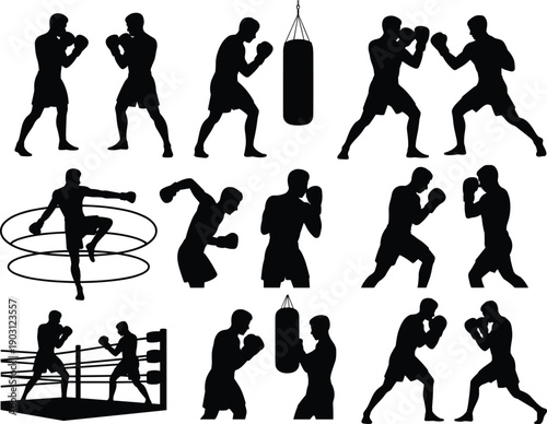 Boxing fighter silhouettes set, boxer training poses, punching bag practice, sparring action, combat sport concept, flat vector illustration