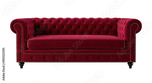 Tableau sur toile Elegant red velvet Chesterfield sofa isolated PNG, luxurious tufted couch with n