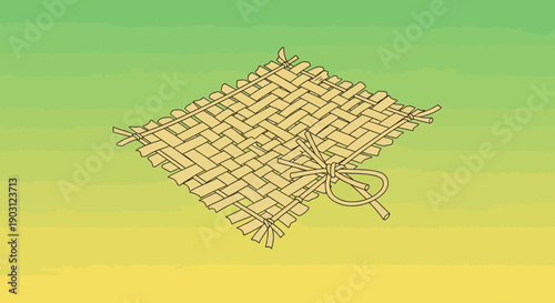 Hand-drawn woven straw mat with a decorative knot on a vibrant green and yellow gradient