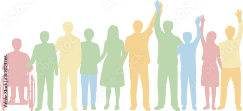 Diverse people silhouettes holding hands and raising arms together, community unity inclusion equality concept, disability awareness, modern flat vector illustration