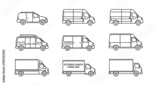 Collection of different types of vans and trucks in outline style.