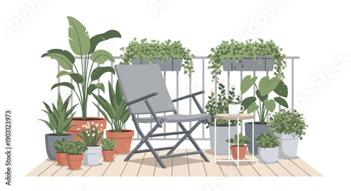 Illustration of a gray deck chair surrounded by various potted plants on a wooden floor against a white background with a serene and natural mood.