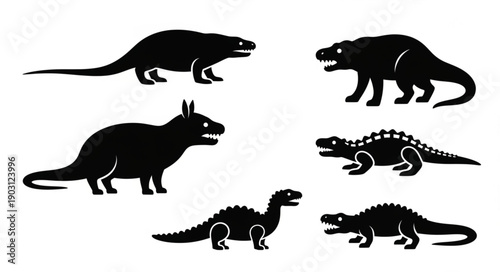 Collection of Dinosaur Silhouettes on White Background.