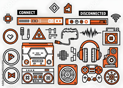 A collection of various electronic devices and media icons in orange and black on a white background