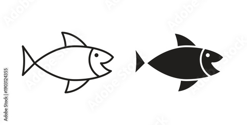 Fish icons vector symbol with editable stroke and flat versions