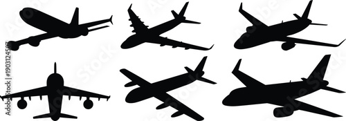 Commercial airplane silhouette icon set showing passenger aircraft from multiple angles in black vector style for aviation, travel, and transport design