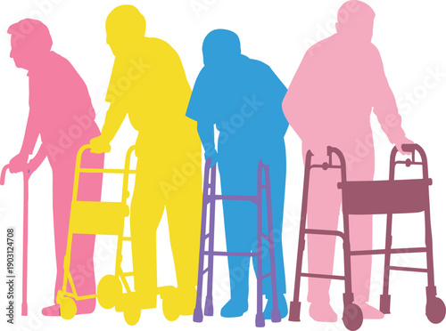 Colorful elderly people silhouettes using walkers for mobility support, senior care independence aging population concept, healthcare modern flat vector illustration