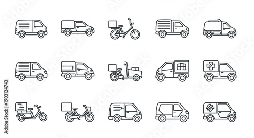 Collection of delivery vehicles and scooters in a simple line art style.