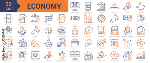Economy colored line icon collection set. Containing online banking, mobile banking, bank, financial insurance, global economy, mobile payment, payment protection, investment, fintech icons