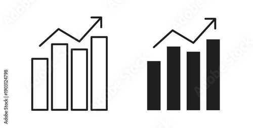 Growing graph icons vector symbol with editable stroke and flat versions