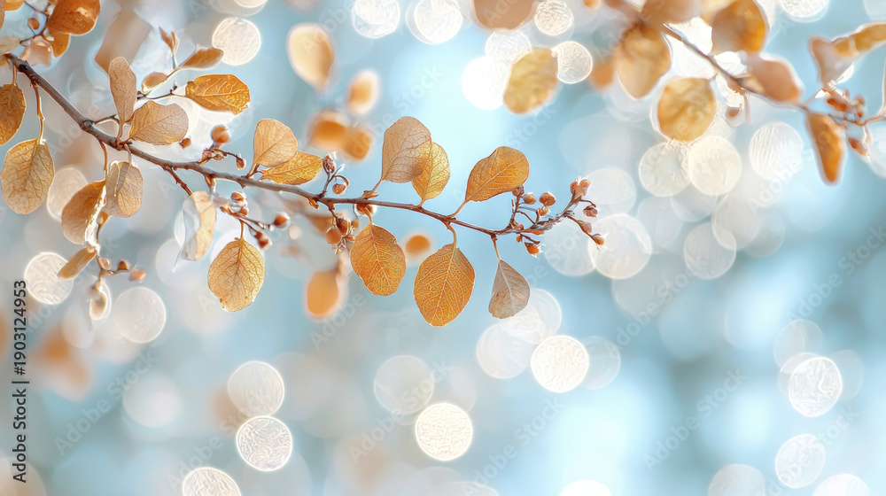 Obraz premium Golden leaves on branch with soft bokeh background create serene and calming atmosphere. gentle glow enhances beauty of nature