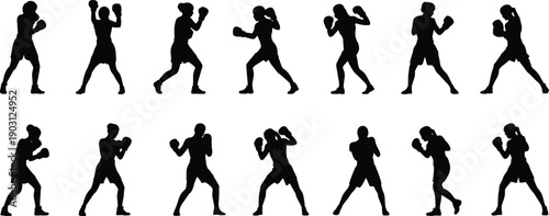 Female boxing silhouettes collection, dynamic fight poses, athletic women training stances, powerful boxing actions isolated on whiteFemale boxing silhouettes collection
