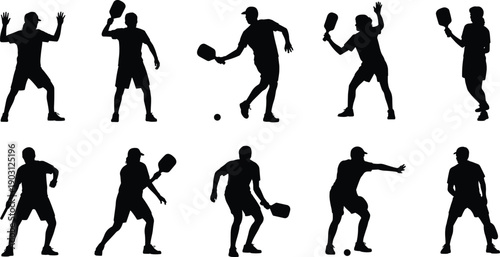 Pickleball player silhouette poses set, paddle swing actions, outdoor racket sport movements, competitive game concept, flat vector illustration design, collection