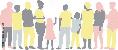 Diverse family and community silhouettes with adults and children standing together, social inclusion unity concept, colorful modern flat vector illustration
